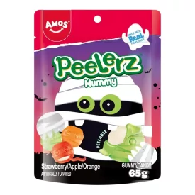   AMOS múmia alakú Halloween-i hámozható gumicukor eper, narancs és zöldalma ízben 65g
