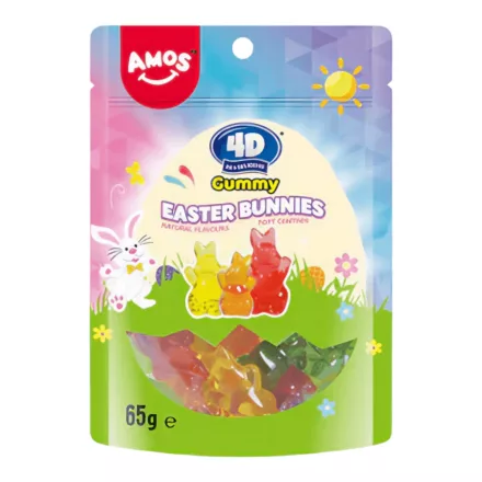   Amos 4D Gummy Easter Bunnies húsvéti nyuszi alakú vegyesgyümölcs ízű gumicukor 65g