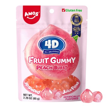 Amos Peach Burst Őszibaracklével töltött 4d gumicukor 65G