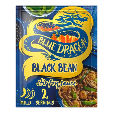 Blue Dragon Black Bean Stir Fry Sauce Kínai stílusú wok szósz sózott fekete szójababbal, sötét szójaszósszal, fokhagymával és gyömbérrel 120g Anglia