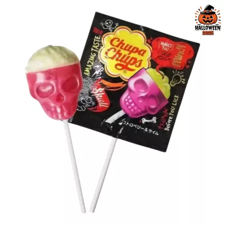 Chupa Chups koponya formájú nyalóka lime és eper ízben 15g Spanyolország Halloween
