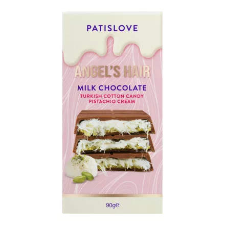 Patislove Angels Hair Milk Chocolate pisztáciakrémmel és vattacukorral töltött Dubai Angyalhaj tejcsokoládé 90g